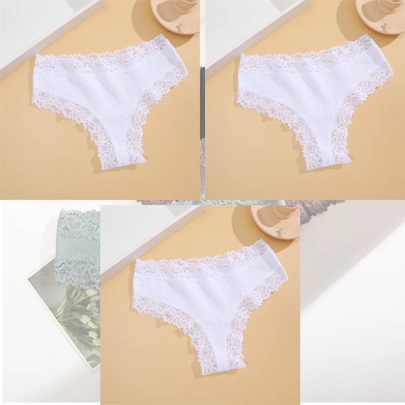 FINETOO 3Pcs Women Cotton Underwear Panties Sexy Lace Brazilian Briefs Low Waist Floral Solid Color G-string Breathable Lingerie