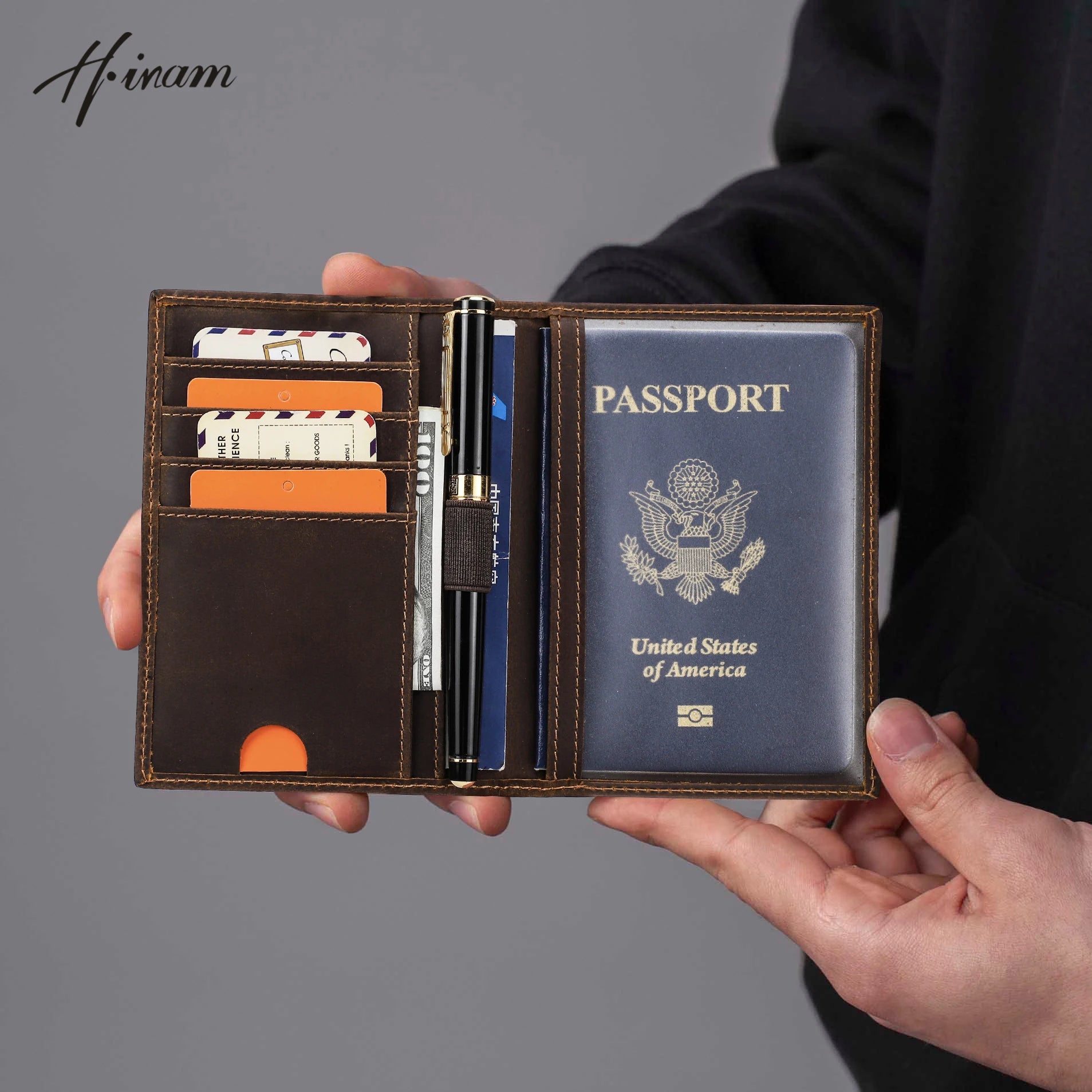 Retro Leather Passport Cover RFID Blocking For Cards Travel Passport Wallet Document Organizer Case With 1 Pen Holder Men Women Image principale du produit