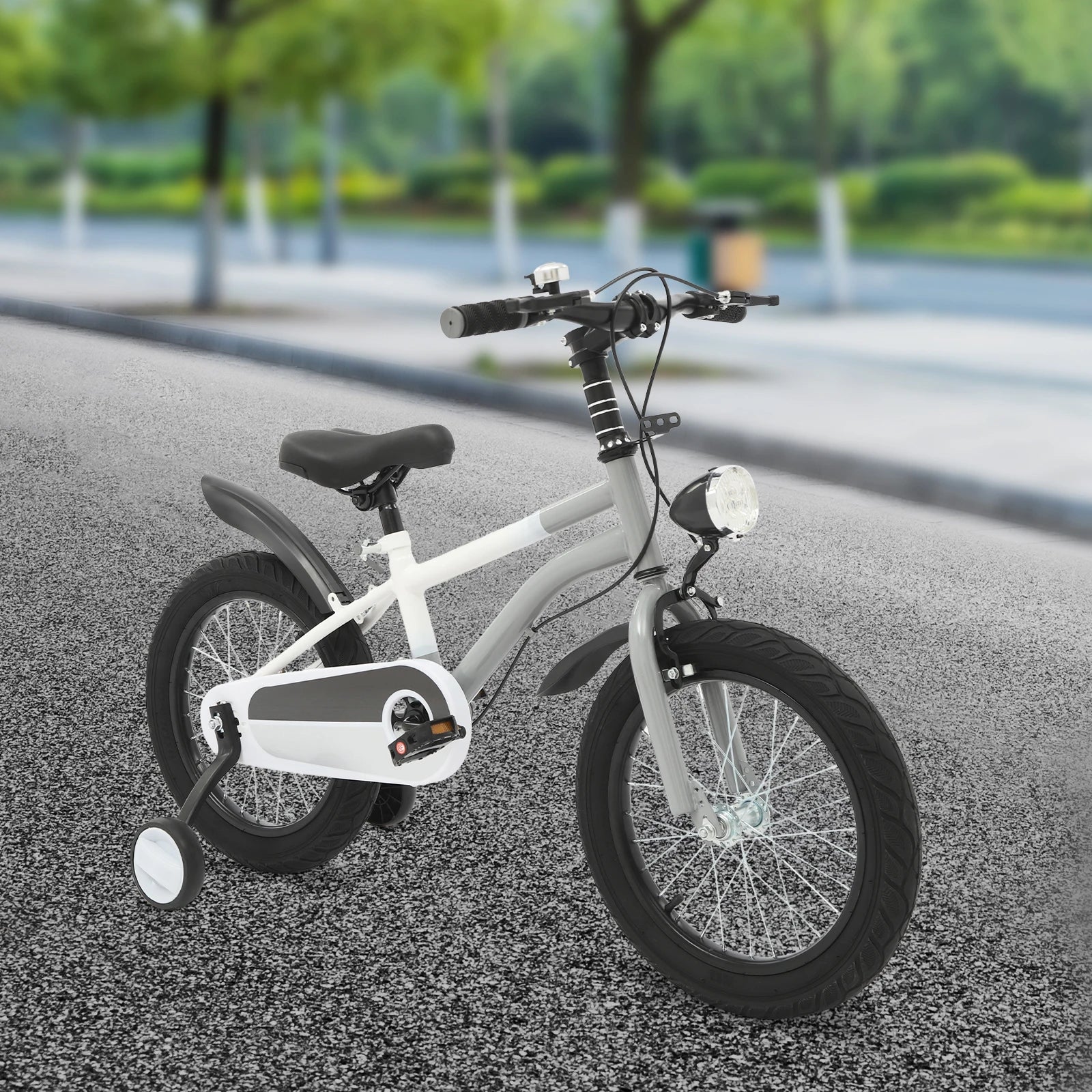 16 Inch Children's Bicycle Carbon Steel Mountain Bike with Auxiliary Wheels & LED Light for 5-8 Years Old,Height Adjustable,60Kg