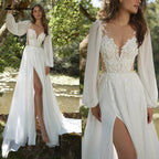 Lakshmigown Chiffon Beach Wedding Dress 2026 Beading Lace Full Sleeves V-neck Appliques Wedding Gown Bridal Gowns Customized