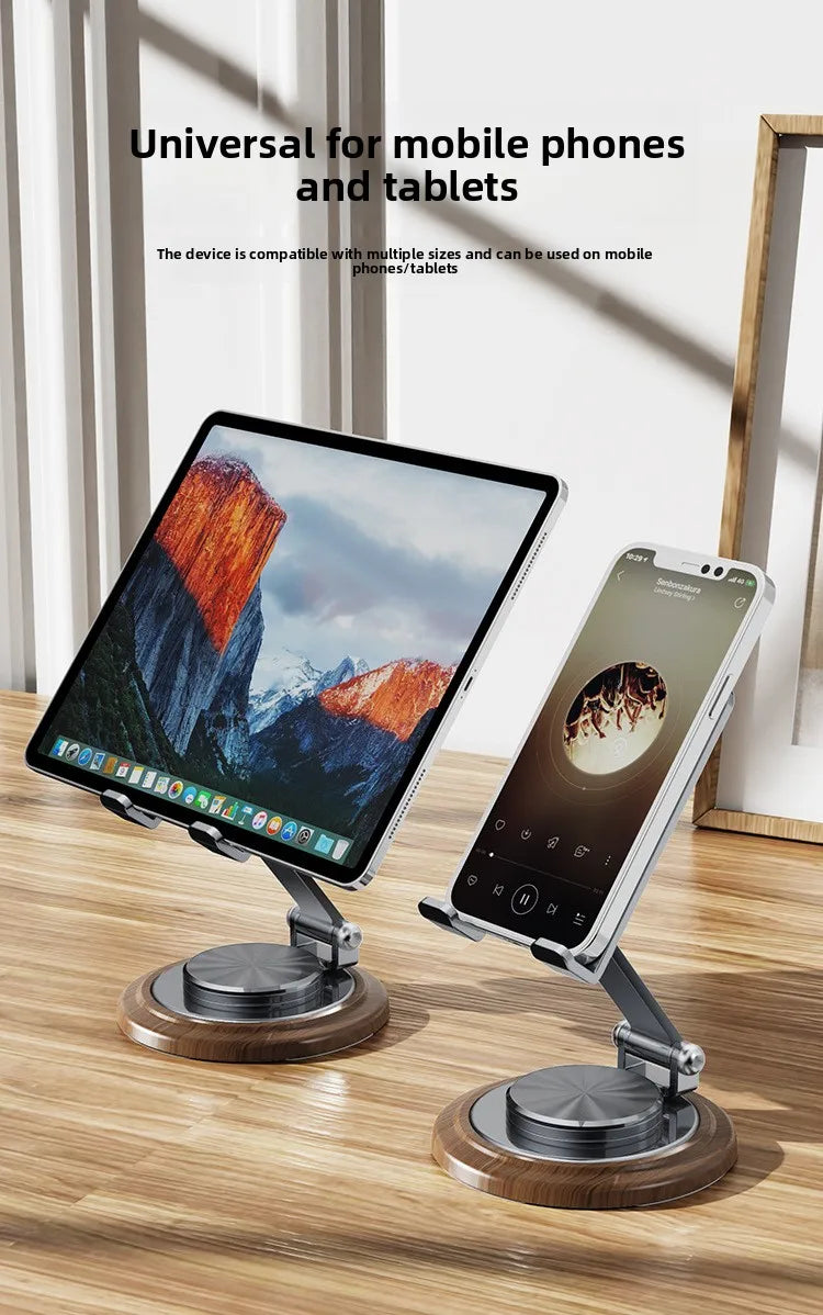Black Walnut Wood Base Phone Holder Metal Stand 720° Rotating Foldable Desktop Stand Easy Storage for Mobile Phone Tablet Holder