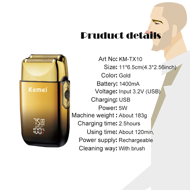 Kemei TX10 New Electric Shaver with LED Display Screen Rechargeable Hair Beard Razor Bald Head Shaving for Men