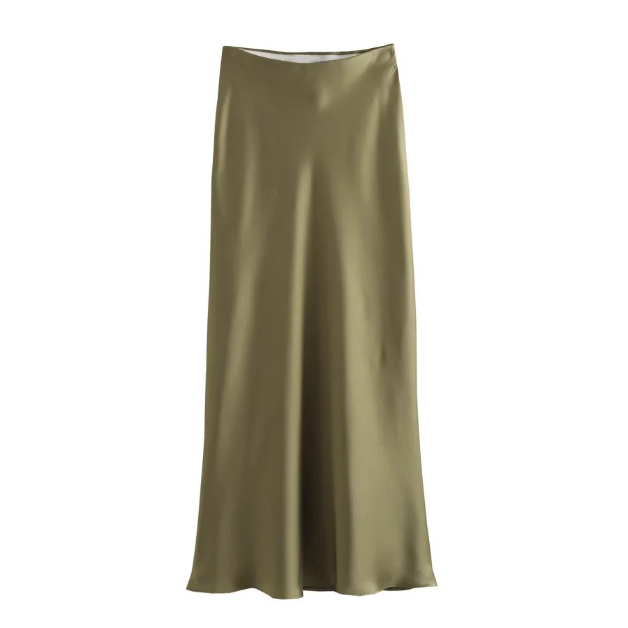 ETJ 2025  Women's spring new elegant fashion all-in-one stretch high-waisted A-line silk satin sag skirt multi-color option