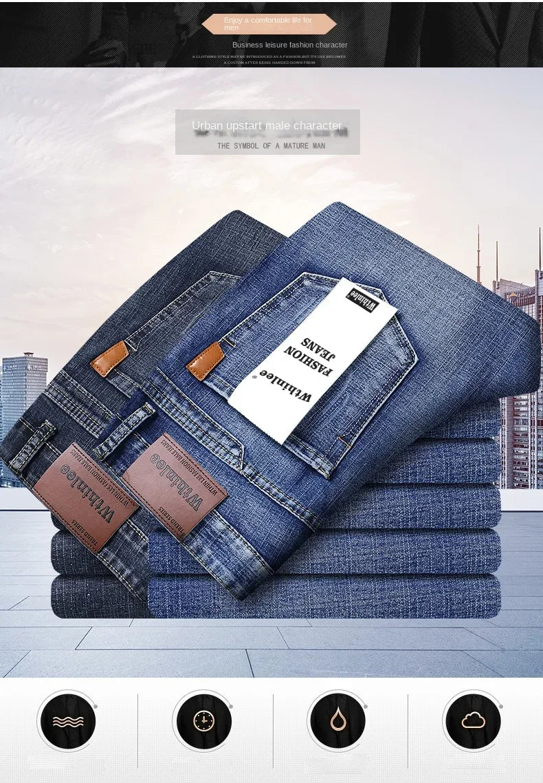 2024  Straight Regular Blue Stretch Denim Trousers Spring Autumn Men Classic Jeans Business Fashion Men's Smart Jeans