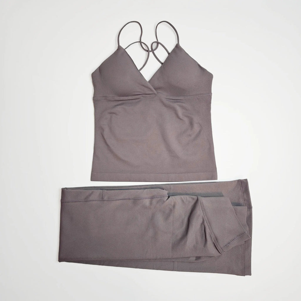 NCLAGEN Women Sportwear Vision Set Twist Front Longline Top + Flares 2 Pieces Fitness Suit Workout Running Outfit Gym Clothing