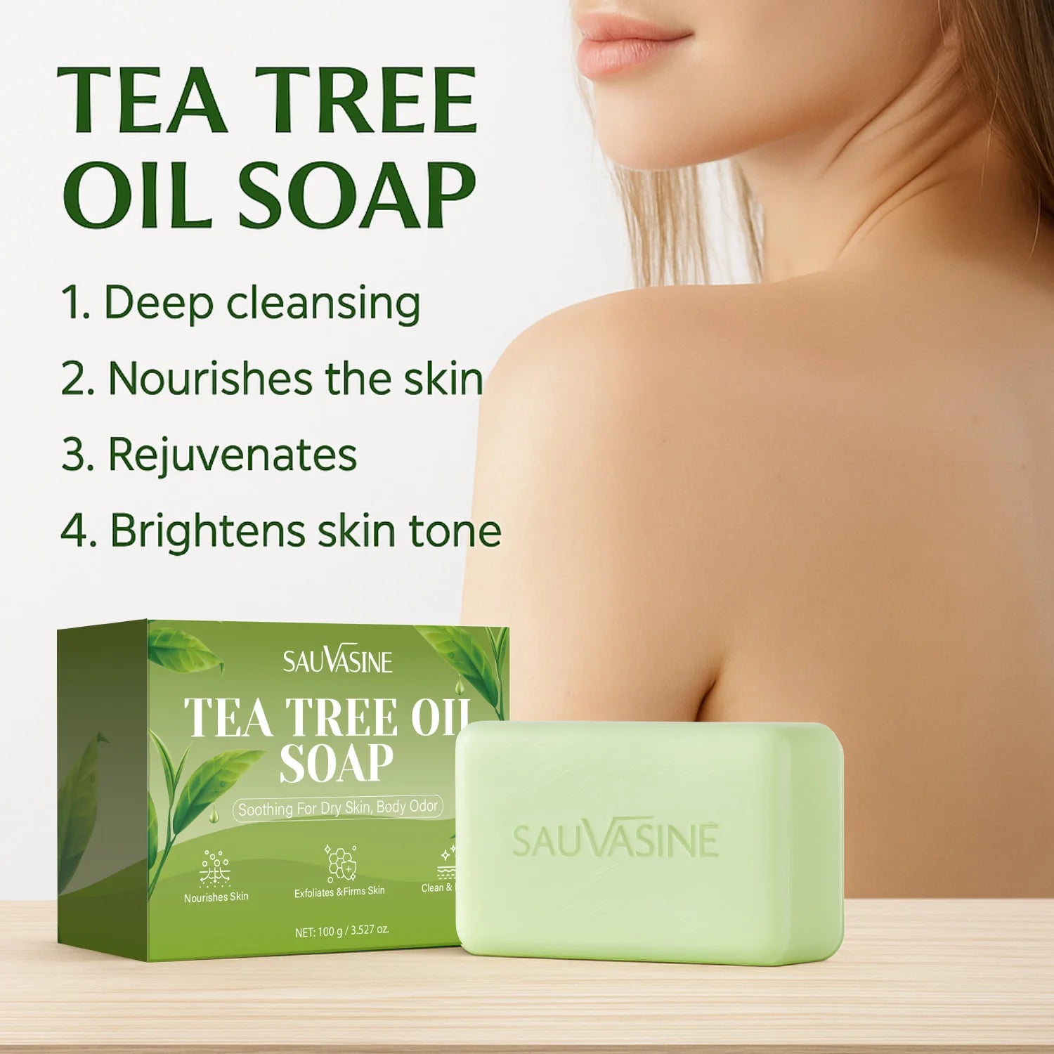 Tea Tree Oil Soap Bar for Men & Women, Deep Cleansing, Soothing for Dry Skin, Body Odor Care, Exfoliates & Firms Skin, 100g Main image