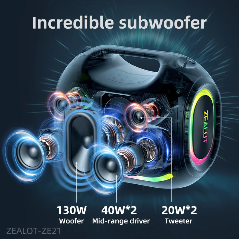 ZEALOT-ZE21 250W Portable Bluetooth Speaker High Volume Waterproof 48000mAh Wireless TWS Subwoofer Suporrt USB/TF/AUX RGB light