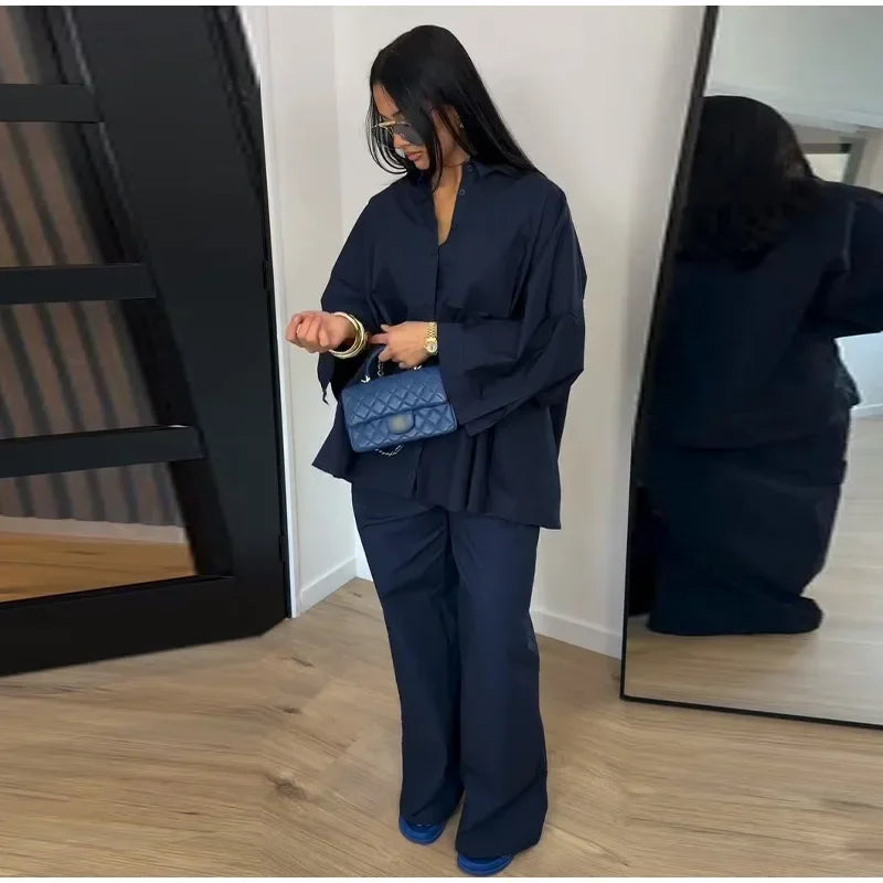 Women Solid Lapel Full Sleeves Pant Suits Chic Single Breasted Wide-leg Long Pants Sets 2026 Lady  Casual Daily Loose Fit Outfit