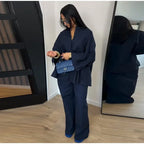 Women Solid Lapel Full Sleeves Pant Suits Chic Single Breasted Wide-leg Long Pants Sets 2026 Lady  Casual Daily Loose Fit Outfit