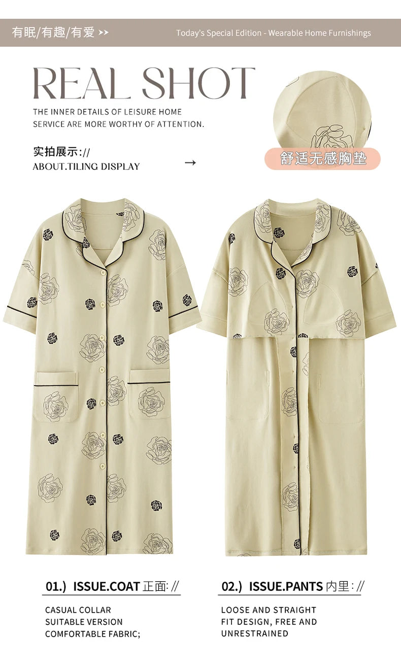 SUKAE Midi Nightdress M-5XL V-neck Bra Padded Botton Sleepshirt Plus Size Cotton Nightgowns Summer Women Short Sleeves Nightgown