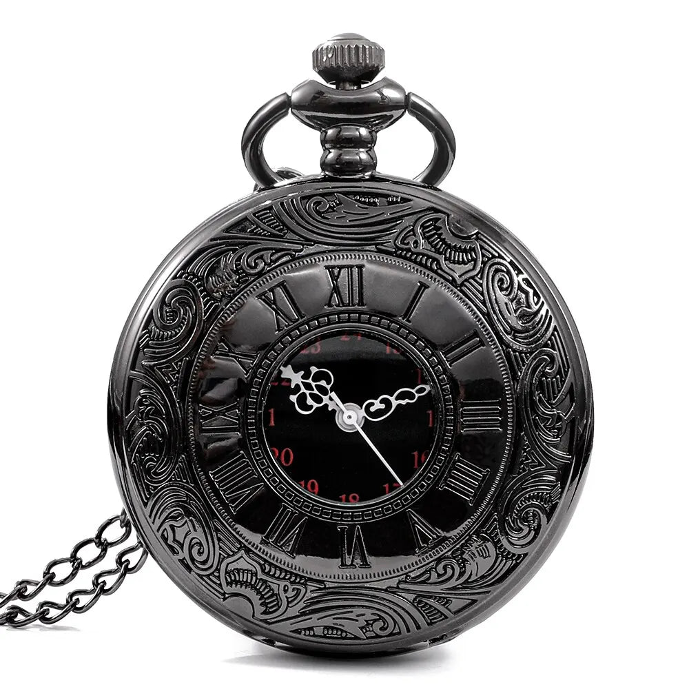Vintage Charm Black Unisex Fashion Roman Number Quartz Steampunk Pocket Watch Women Man Necklace Pendant with Chain Gift Image principale du produit