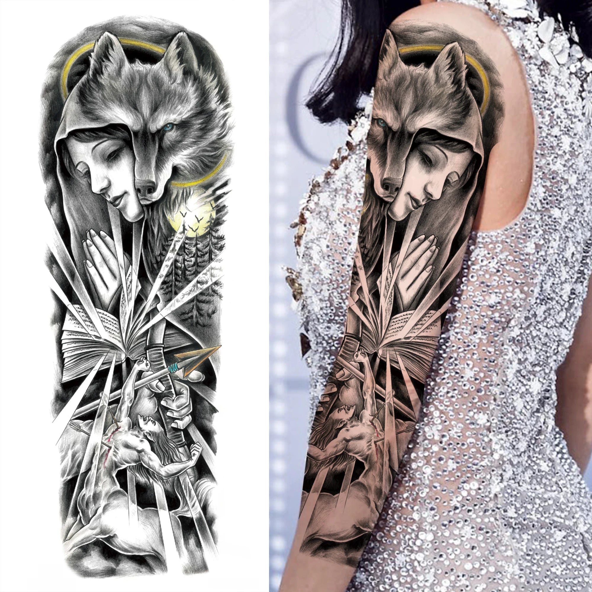 1 Sheet Full Arm Compass Zeus Skull Tiger Lion Flower Temporary Tattoos Sleeve For Men Women Adults Fake Temp Sticker Tattoo