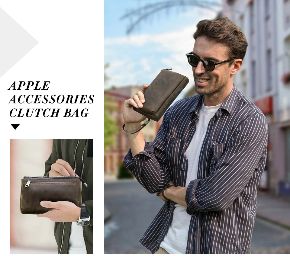 CONTACT'S Genuine Leather Men Clutch Bag Design Handbag Long Wallet Male Purse Travel Charge Storage Bag Cable Organizer