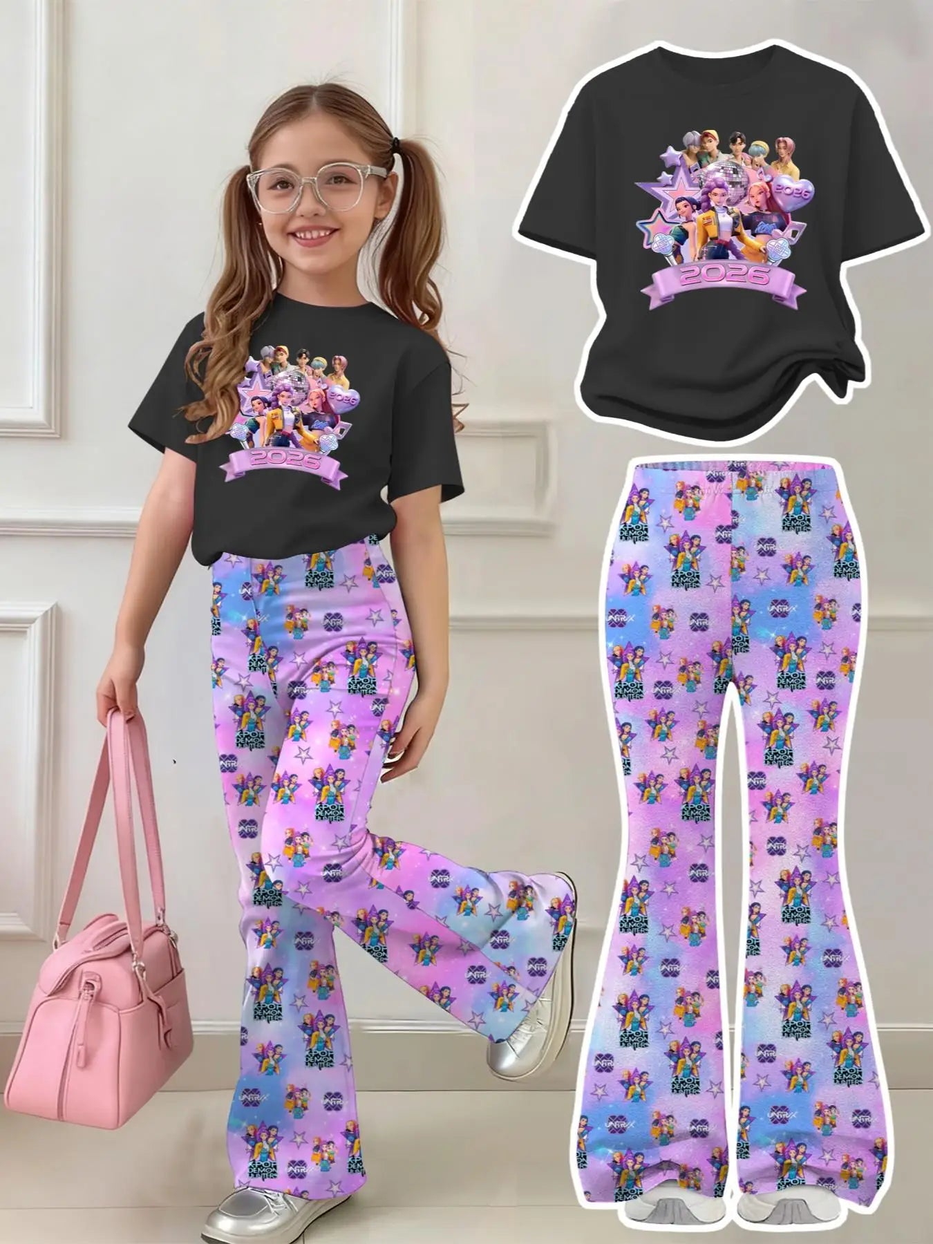 Girls 2-Piece 2026 K-Pop Concert Outfit - Black Graphic T-Shirt & Pastel Character Print Flared Pants Set for Kids Main image