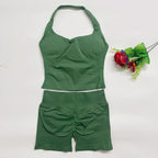 yoga outfits Women 2 pcs Sports DFNNYE Impact Set halterneck Backless Halter Top Seamless Scrunch Shorts Gym Workout Sports Suit