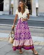 Women's Elastic Waist Printed Large Swing Skirt, Boho Spliced Midi Skirt, Suitable for Beach and Daily Wear
