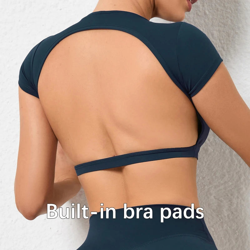 Hearuisavy Summer Customizable Sports Shirts Workout Sportswear Backless Yoga Clothing Chest Pads Sport Crop Tops Gym Top Women