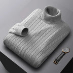 Autumn New Men's Turtleneck Jacquard Sweater Solid Color Knitted Pullover Casual Warmth High Elastic Versatile Male Sweatwear