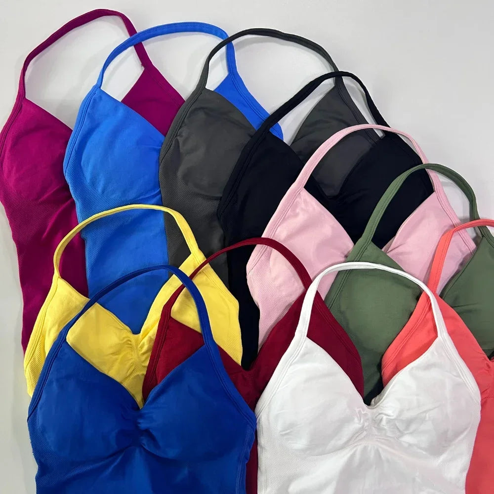 No Logo 2 Pieces Sports Set Women Backless Tank Tops High Waist Scrunch Seamless Shorts Gym Set Sportswear Workout Set Yoga
