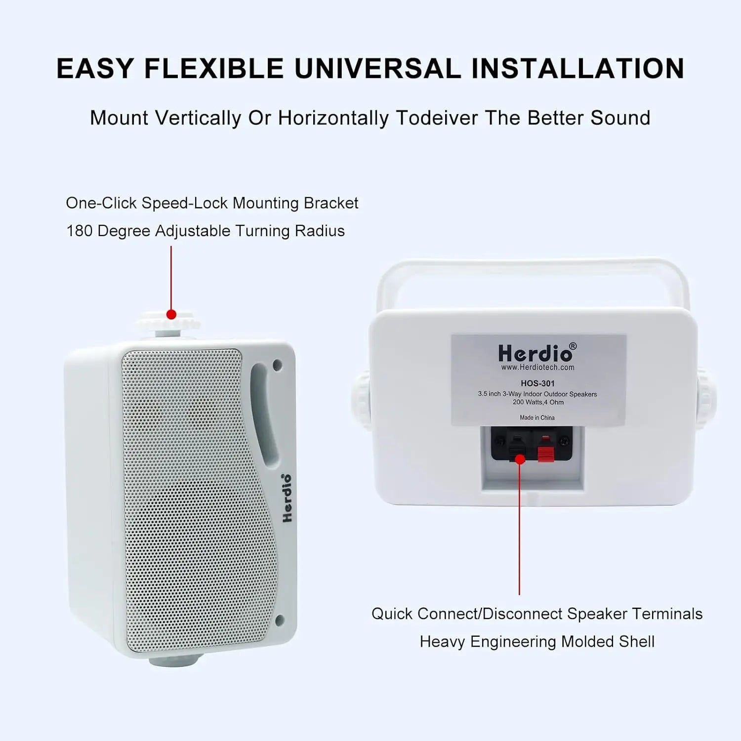 Herdio 3.5'' 2PCS Passive Outdoor Speakers Wired Waterproof 200W 3 Way Premium Mountable Wall Mount Speakers With Superior Sound Secondary image