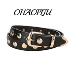 Women Fashion Leather Belt Studded Punk Black Belts for Jeans Dress Ladies Belt with Gold Buckle Adjustable Waist Belt