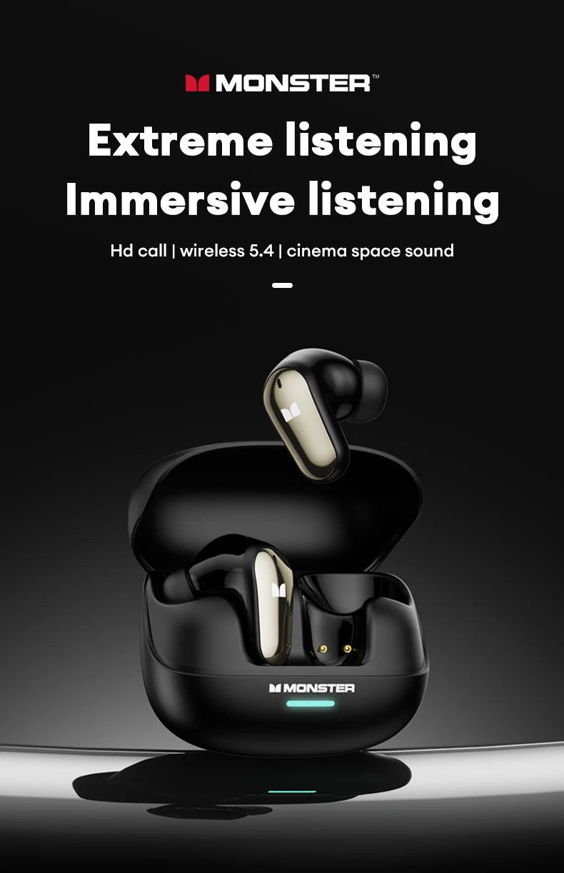 Monster MQT52 Bluetooth 5.4 Wireless Earphones 24H Long Battery Life Stereo Headphones Low Latency Gaming Dual Mode Headset Gift