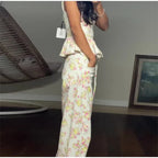 Elegant Floral Print Set Women Square Neck Sleeveless Ruffle Top Lace Up Floor Length Wide Leg Pants Sets Lady Casual Outfits