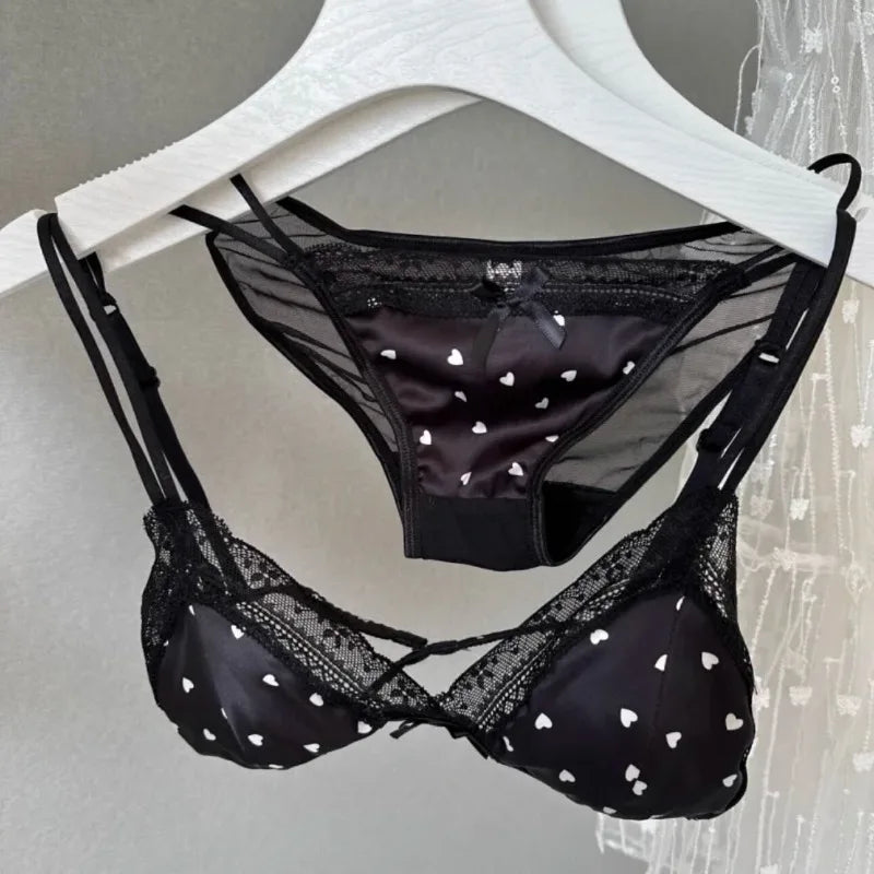French Style Sweet Triangle Cup Lingerie Set Women Satin Lace Wireless Small Bust Gathered Thin Fabric Sexy Soft Underwear S-XL Main image
