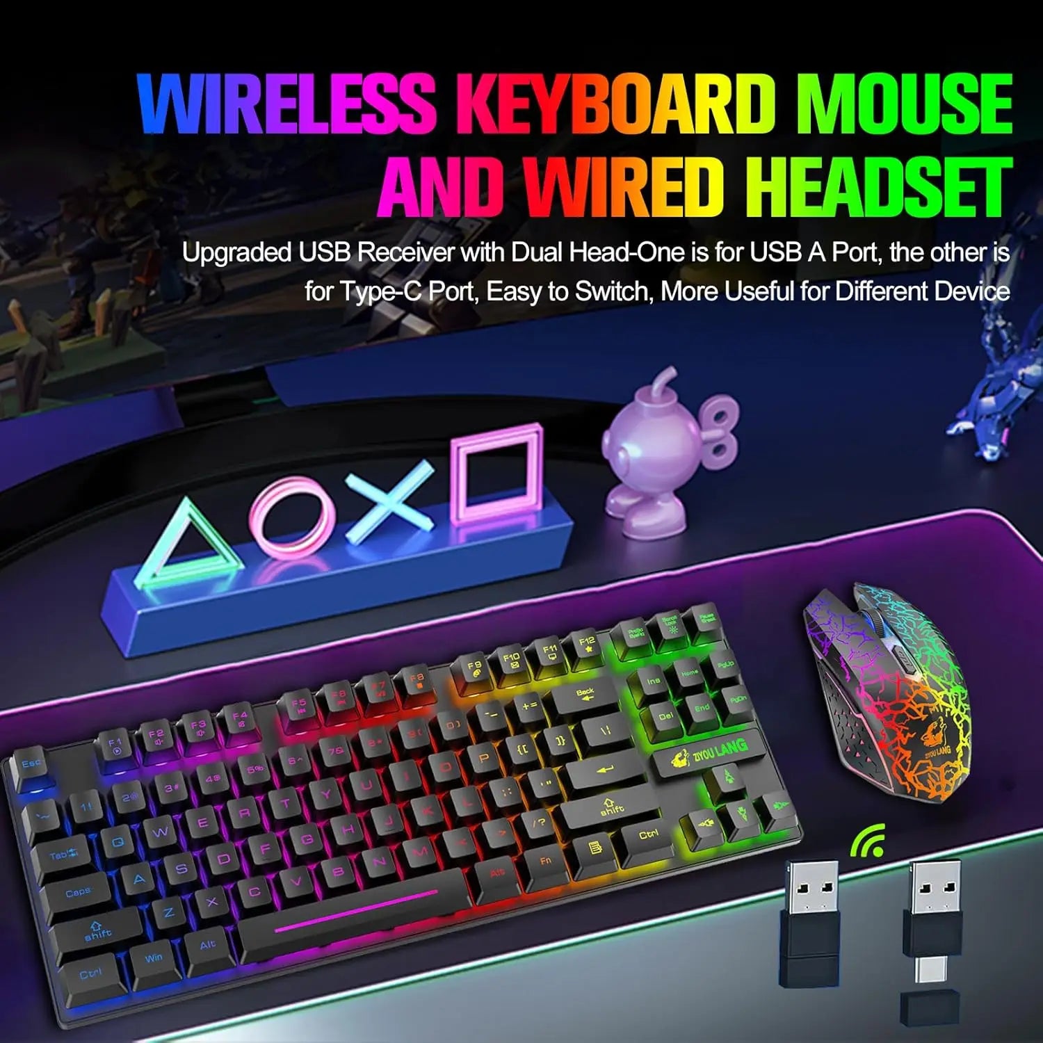 T87 Wireless Keyboard Mouse Set, Rainbow Backlit 2.4G Rechargeable Gaming Keyboard 2400DPI Optical Gaming Mouse with Mouse Pad Image principale du produit