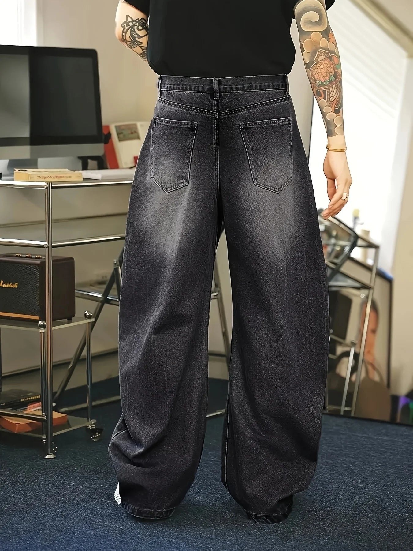 1Pc Men's Daily Travel Casual American Street Loose Jeans, Black, Light Blue, Sea Blue Fashion Street Style Retro Lantern Jeans  Denim Pants Image secondaire du produit