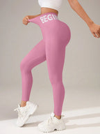 European and American Seamless Yoga Leggings with Waistband Lettering, Butt-Lifting, Quick-Dry Women's Breathable Tights for Pea