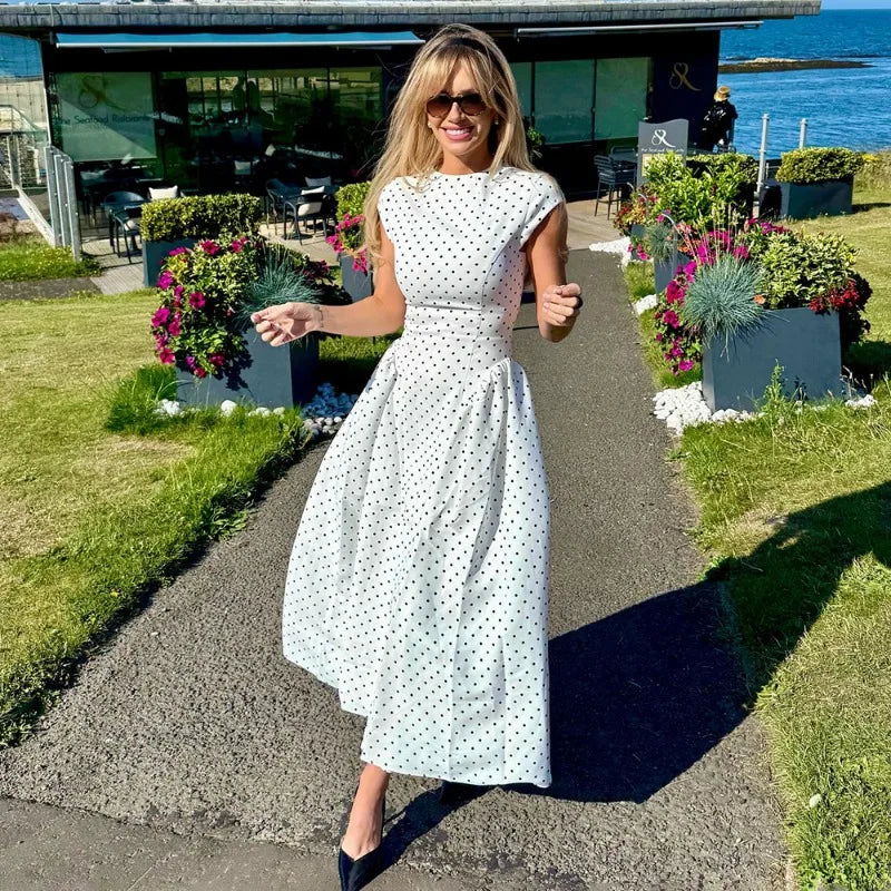Talenza White Polka Dot Long Dress Summer Sexy High-Waisted Vintage Print Sleeveless Dress Casual Party Vacation New Women Dress Main image