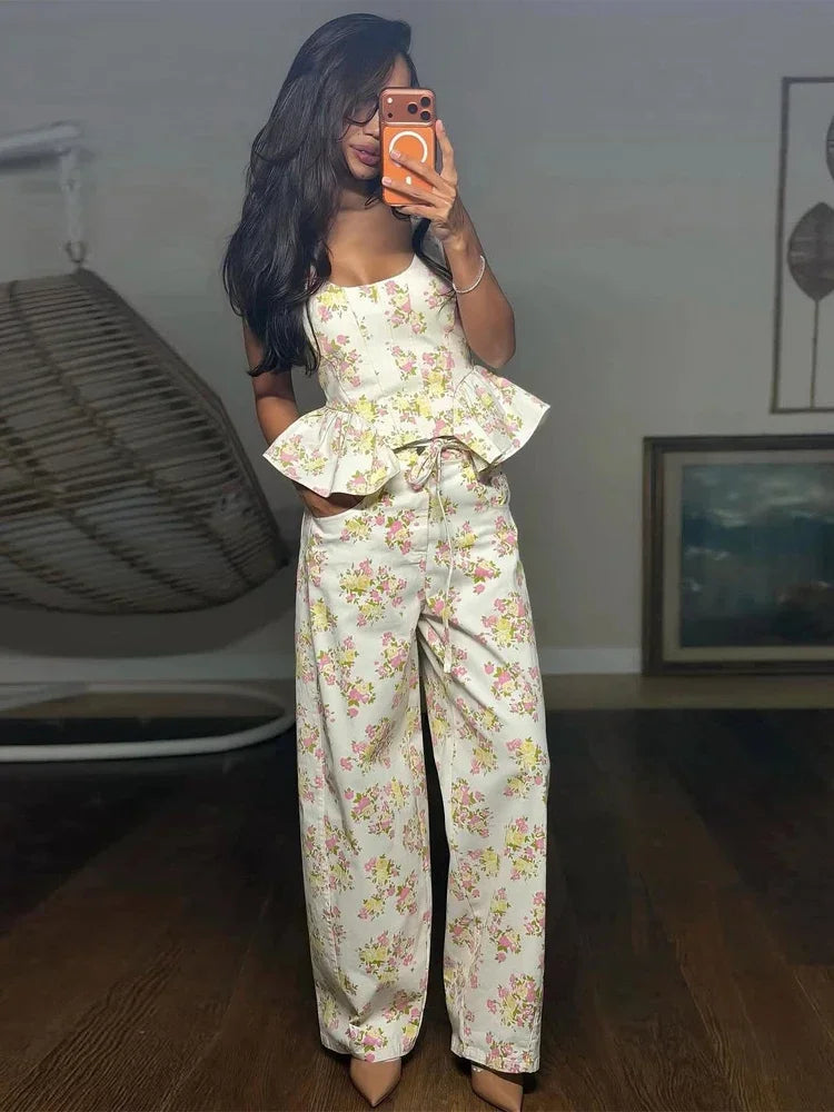 Elegant Floral Print Set Women Square Neck Sleeveless Ruffle Top Lace Up Floor Length Wide Leg Pants Sets Lady Casual Outfits