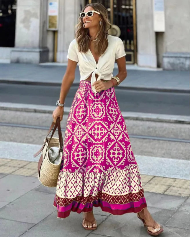 Women's Elastic Waist Printed Large Swing Skirt, Boho Spliced Midi Skirt, Suitable for Beach and Daily Wear