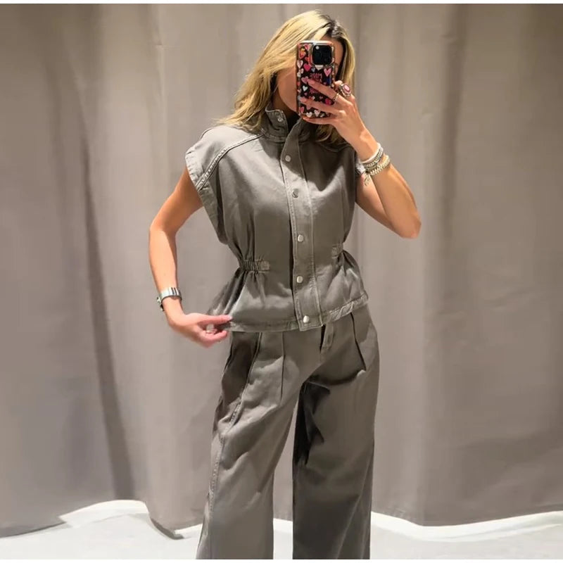 Denim Vest Loose Long Pants Woman Set High Neck Single Breasted Waist Cinched Tops High Waist Trousers Chic Casual Lady New Sets