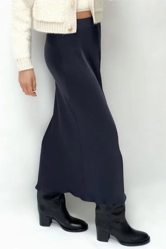 ETJ 2025  Women's spring new elegant fashion all-in-one stretch high-waisted A-line silk satin sag skirt multi-color option