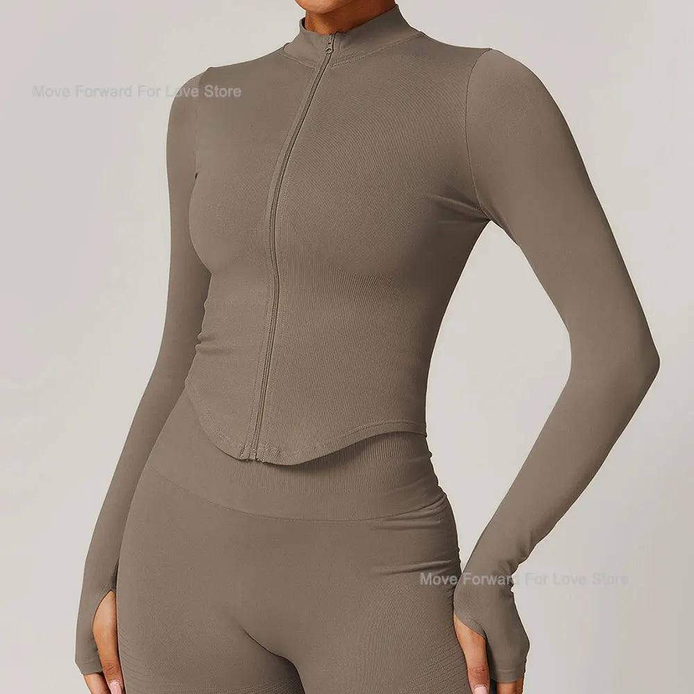 Women's Zipper Crop Sports Jacket Long Sleeve Yoga T-Shirt Solid Quick Dry Fitness Top Gym Running Workout Sportswear