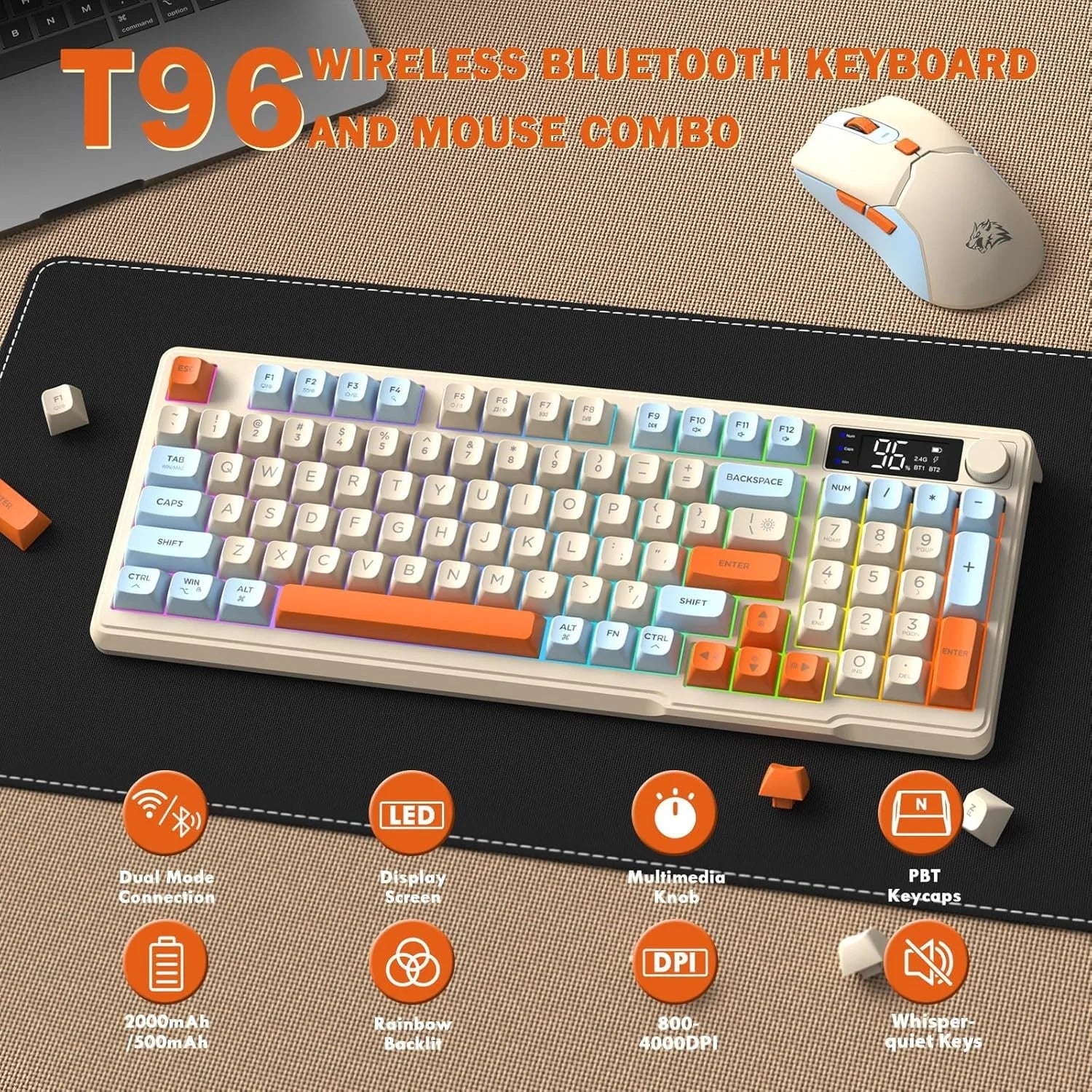 ZIYOU LANG T96 Wireless Gaming Keyboard and Mouse Combo, BT/2.4G RGB Backlit with Smart Display & Knob, 4000 DPI Gaming Mouse Main image