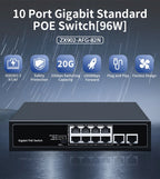 HORACO 8 Port 1000Mbps POE Switch 2 Gigabit Uplink 1000BASE-T RJ45 Networking Switcher 96W Hub Internet Splitter Plug and Play