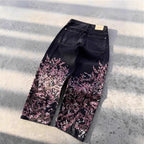 Y2K Black Washed Embroidered High-waisted Oversized Jeans Men European and American Retro Classic Loose Wide-leg Straight Pants