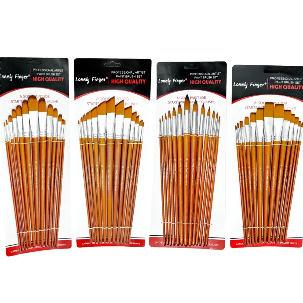 13 Pcs Long Handle Artist Paint Brush Set, 4 Tip Shapes :Pointed/Flat/Angled/Filbert for Multi-Media Art & Craft,Wooden Handle Image principale du produit