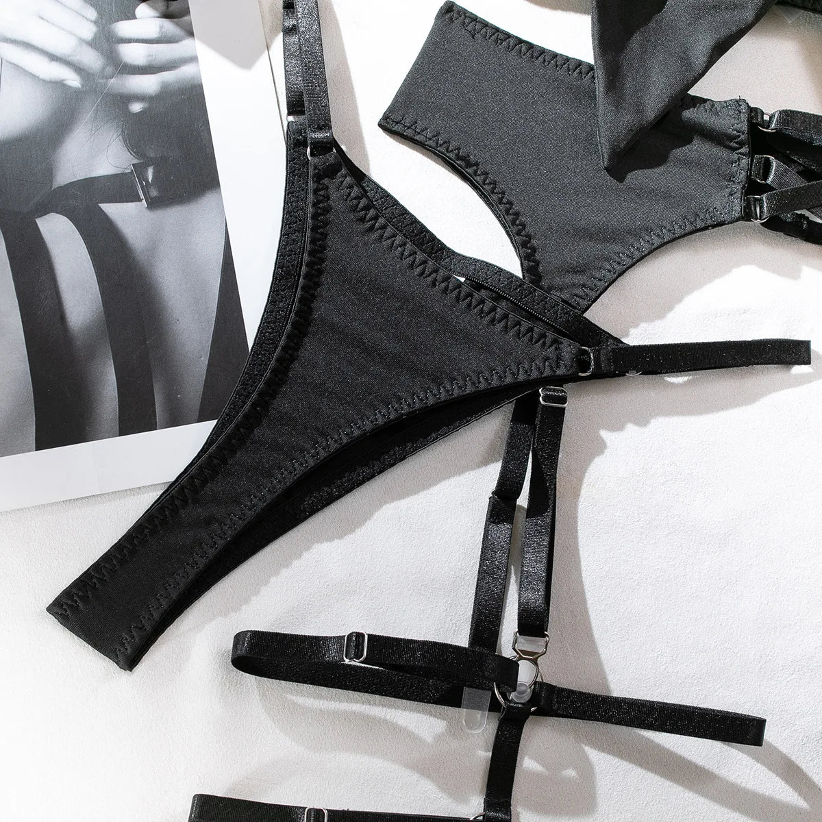 Sexy Hollow Out Bow Decor Lingerie Set Women Solid Exotic Apparel Suit Female Pure Desire Style Underwear with Garter and Gloves Secondary image