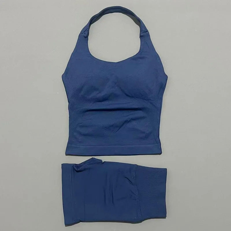 2pcs Sports Set Women Backless Tank Tops High Waist Scrunch Seamless Shorts Fitness Clothes Activewear Workout Sets Gym Suit