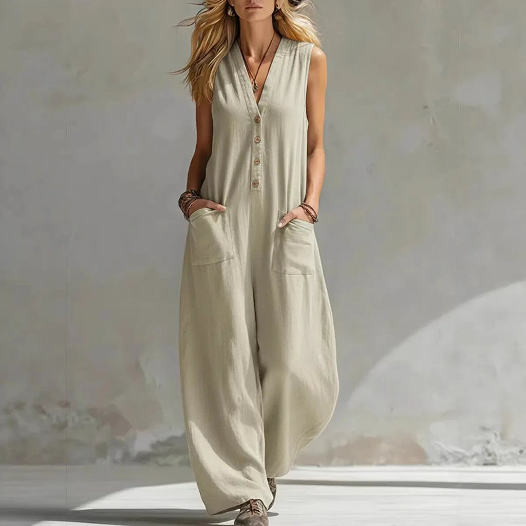 Jumpsuits women 2026 rompers Double-pocket casual linen cotton sleeveless long jumpsuits women's clothing