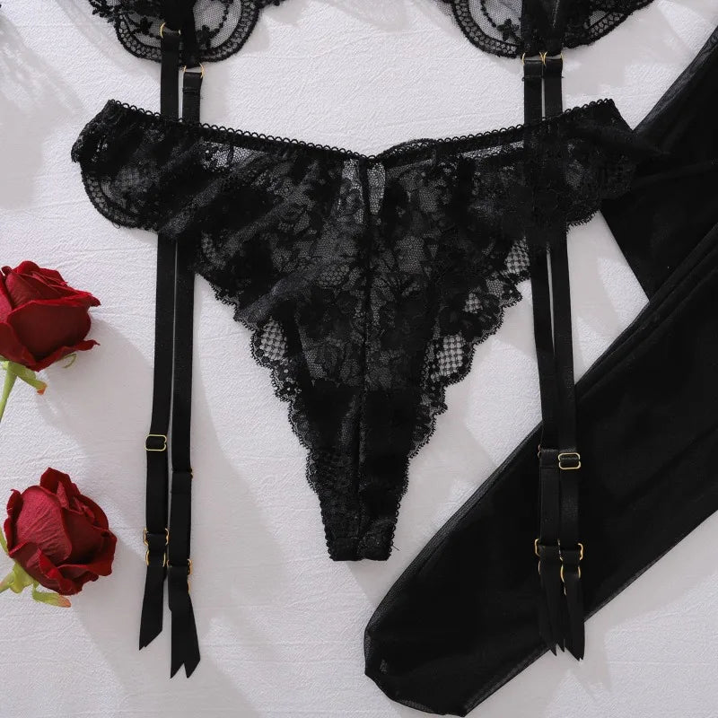 Women's Floral Embroidery Lingerie Sets Romantic Honey Bra Belt Panty 3PC with Gloves Stockings Seductive Sweet Star Underwear