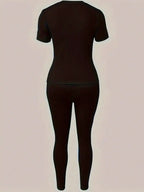 2026 women's new Paris printed two-piece set, casual short sleeved round neck T-shirt and tight pants long pants set