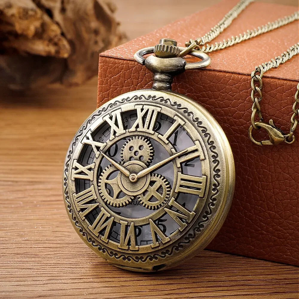Antique Steampunk Vintage Roman Numerals Quartz Pocket Watch Bronze Case Necklace Pendant Clock Chain Mens Women Image principale du produit