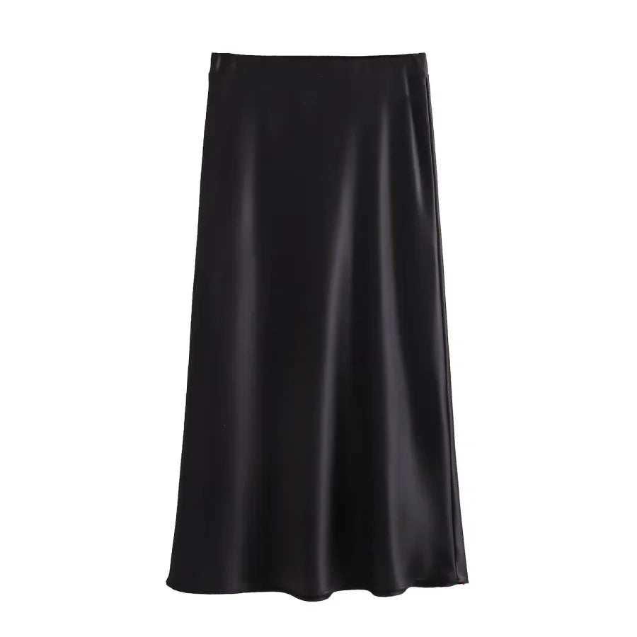 ETJ 2025  Women's spring new elegant fashion all-in-one stretch high-waisted A-line silk satin sag skirt multi-color option