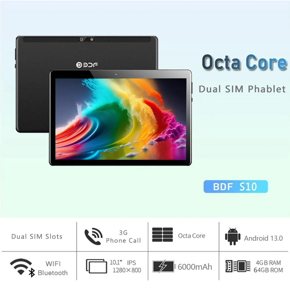 BDF Hot Sales New 10.1 Inch Tablets Octa Core 4GB RAM 64GB ROM Dual SIM Cards 3G Phone Call WiFi Bluetooth Google Play Tablet Pc