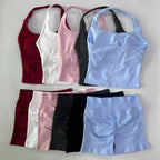 No Logo 2 Pieces Sports Set Women Backless Tank Tops High Waist Scrunch Seamless Shorts Gym Set Sportswear Workout Set Yoga